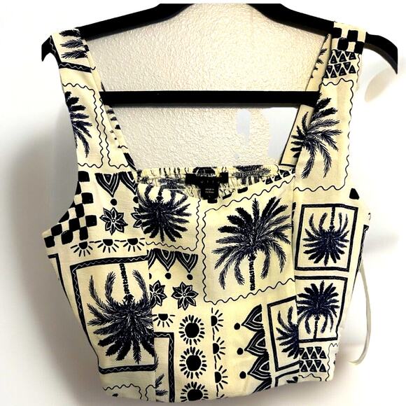 Monteau Tops - tropical boho Crop Top Women's L Monteau Linen Blue Palm Tree Print Elastic Back